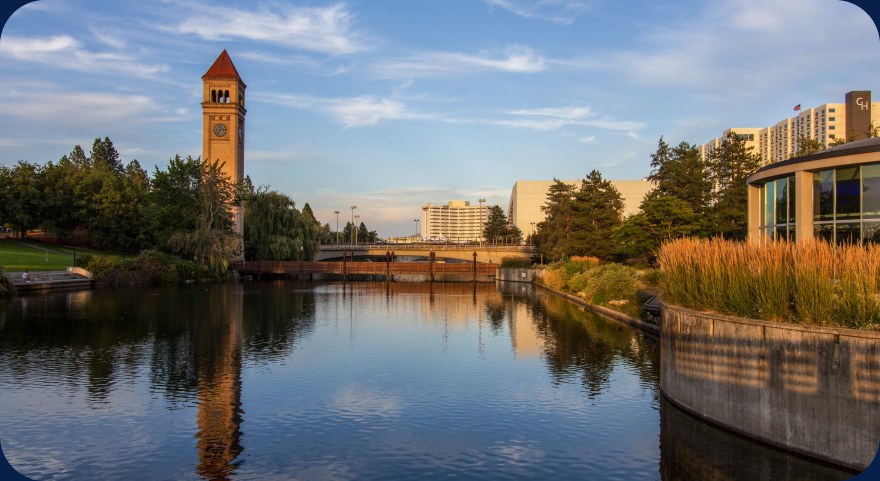 Riverfront Park clock tower reflected in the Spokane River